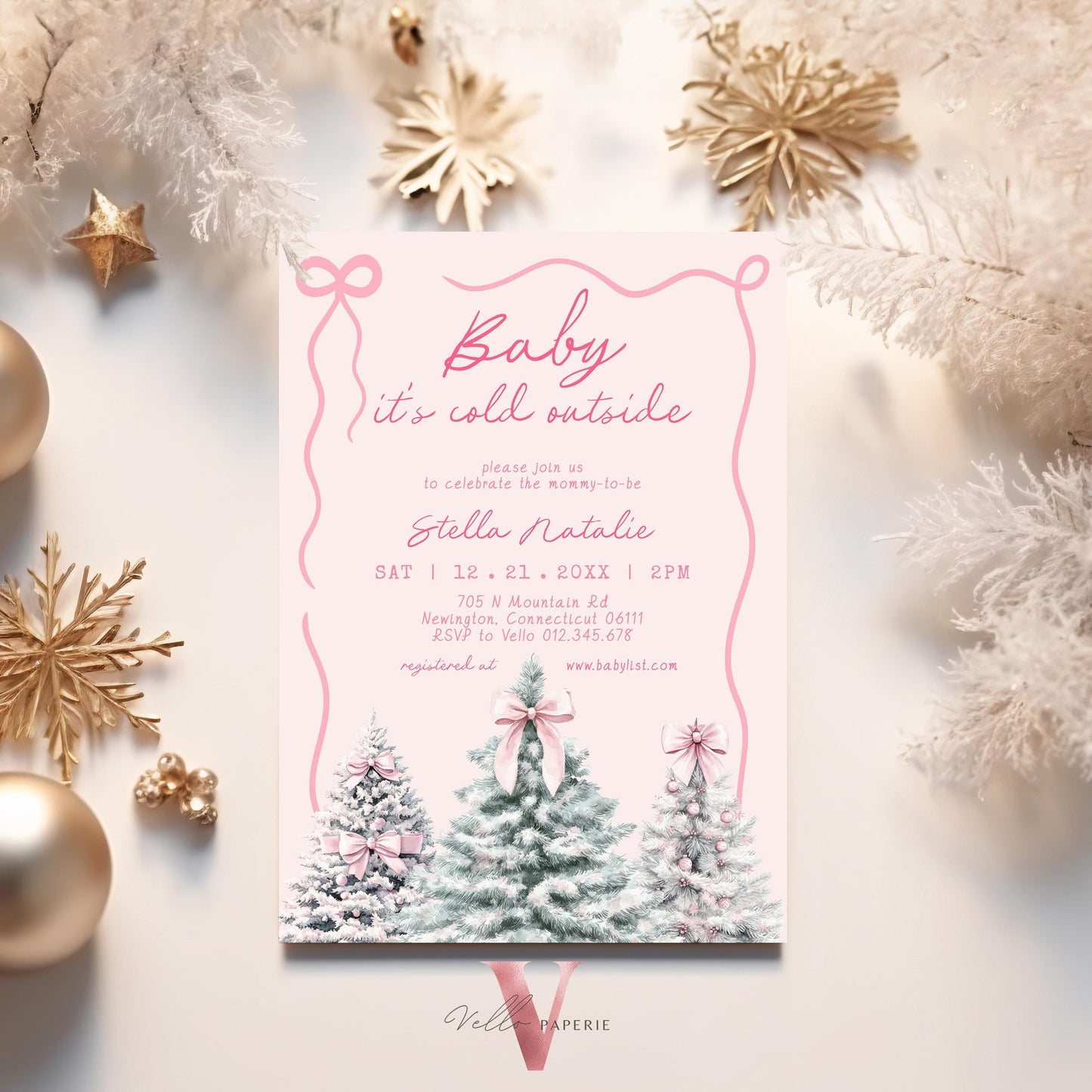BUNDLE Cute Pink Baby It's Cold Outside Shower Invitation | Winter Snowflakes Baby Invite | Modern Pink Christmas Tree Baby Shower WBS01