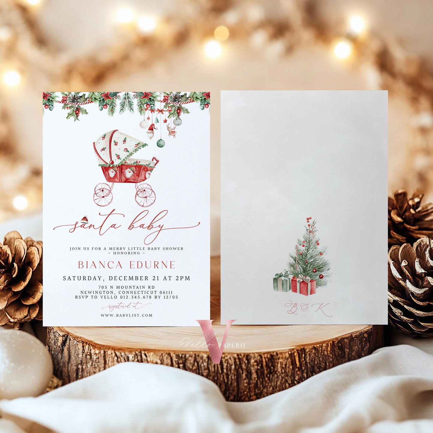 BUNDLE Little Santa Baby Shower Invitation | Winter Gender Neutral Baby Invite | Modern Christmas Leaves Baby Carriage, Stroller Baby CWBS01