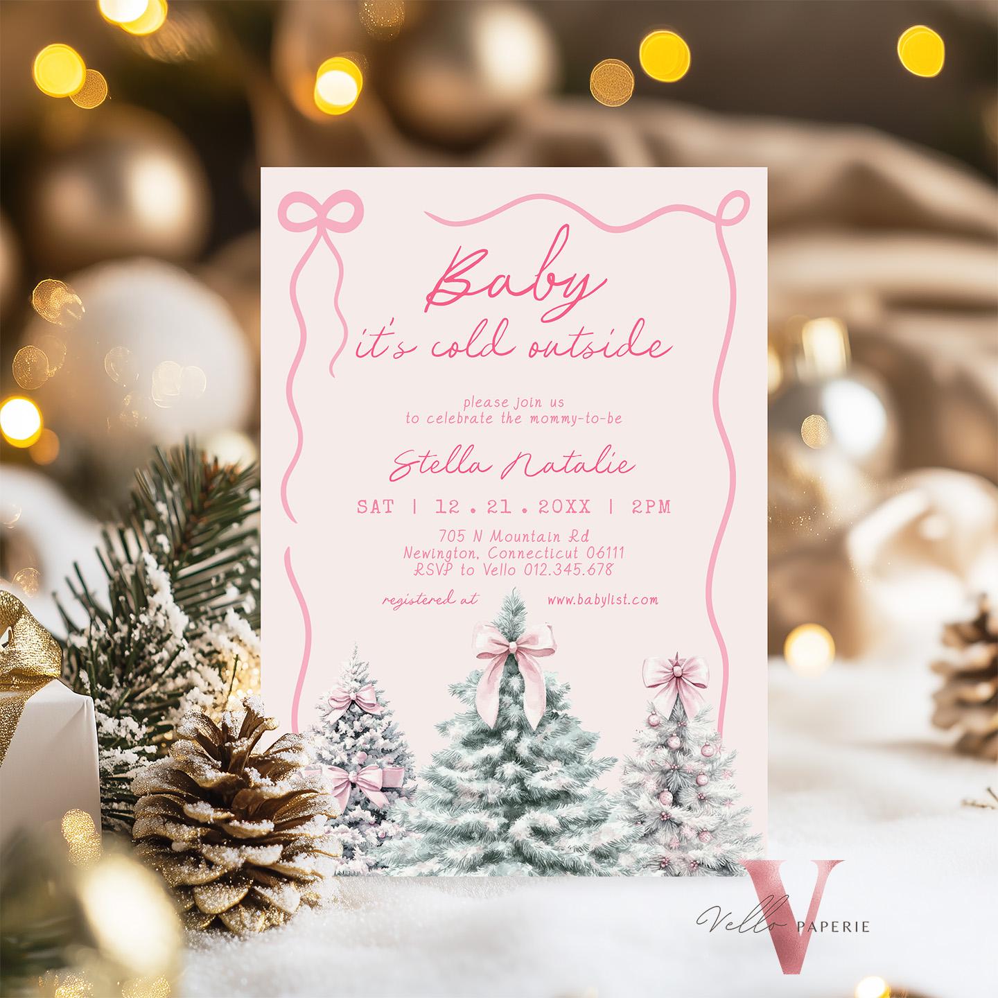BUNDLE Cute Pink Baby It's Cold Outside Shower Invitation | Winter Snowflakes Baby Invite | Modern Pink Christmas Tree Baby Shower WBS01