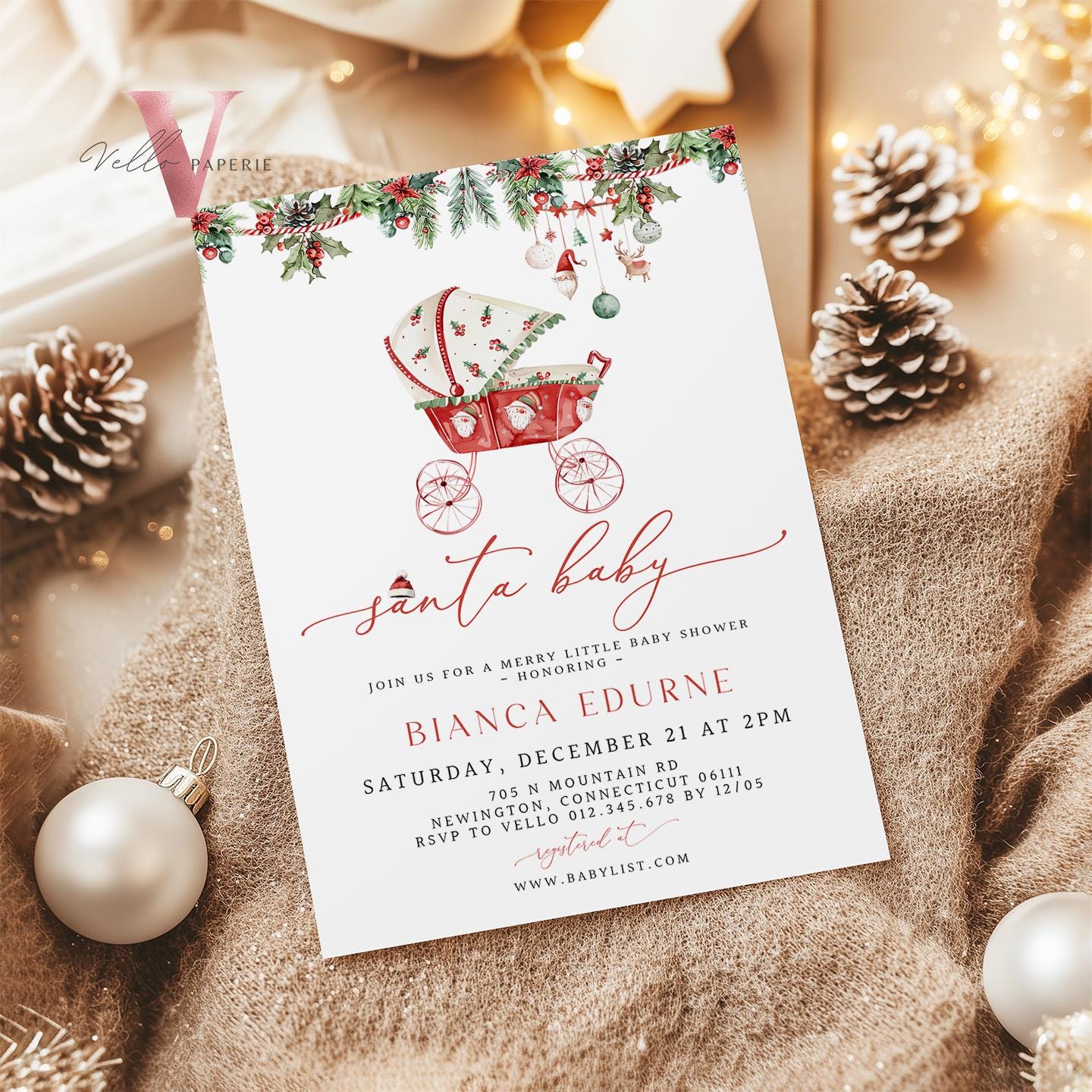 BUNDLE Little Santa Baby Shower Invitation | Winter Gender Neutral Baby Invite | Modern Christmas Leaves Baby Carriage, Stroller Baby CWBS01