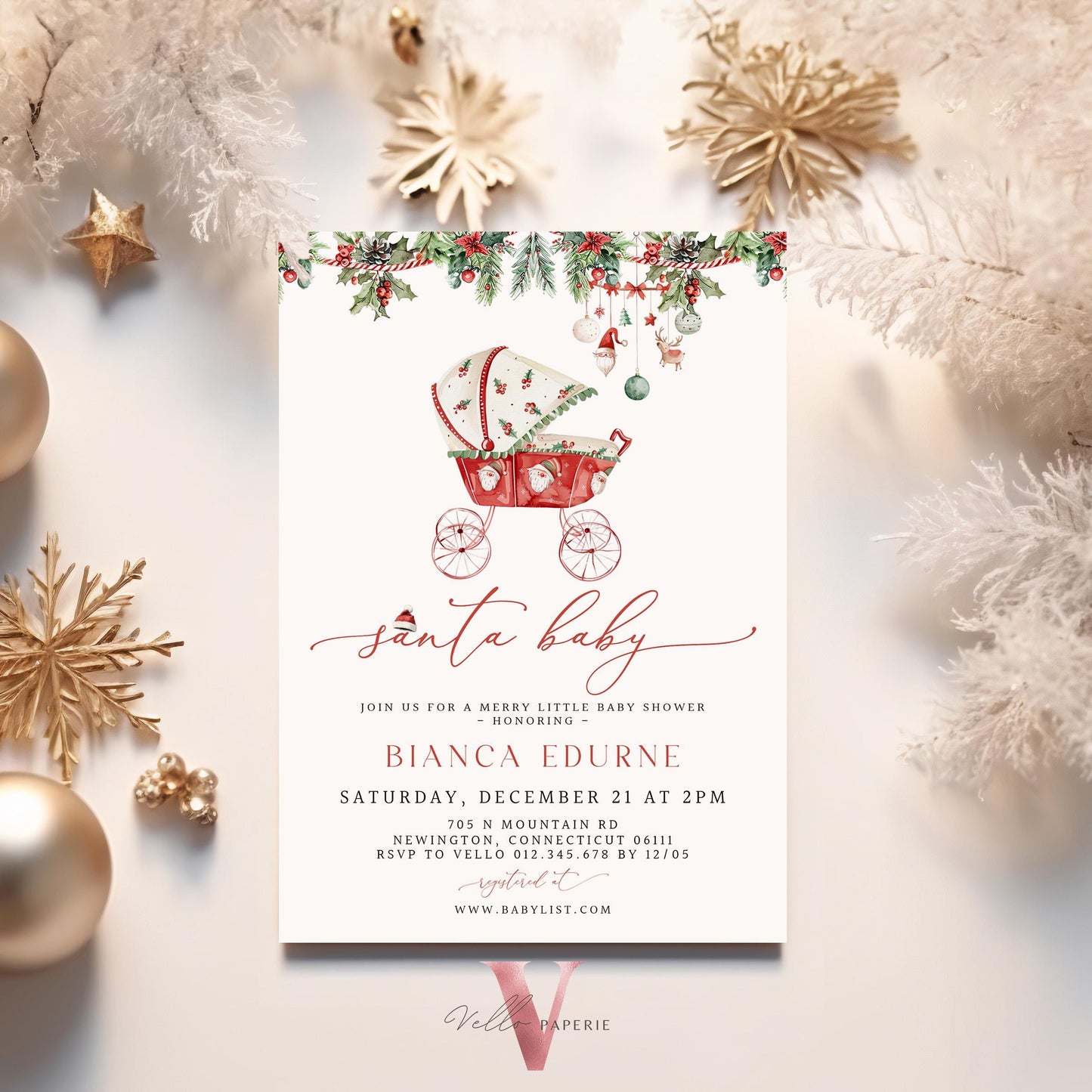 BUNDLE Little Santa Baby Shower Invitation | Winter Gender Neutral Baby Invite | Modern Christmas Leaves Baby Carriage, Stroller Baby CWBS01