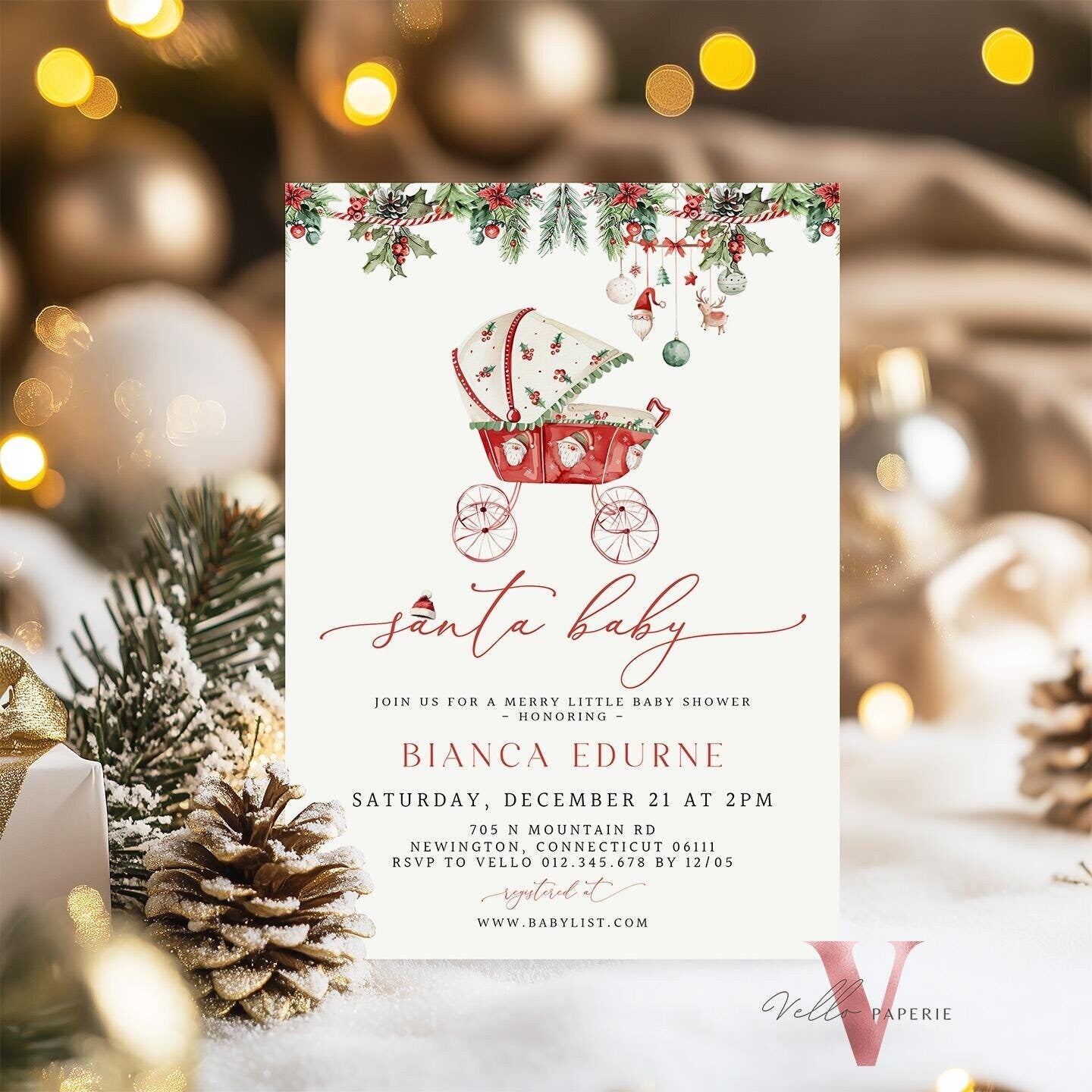 BUNDLE Little Santa Baby Shower Invitation | Winter Gender Neutral Baby Invite | Modern Christmas Leaves Baby Carriage, Stroller Baby CWBS01