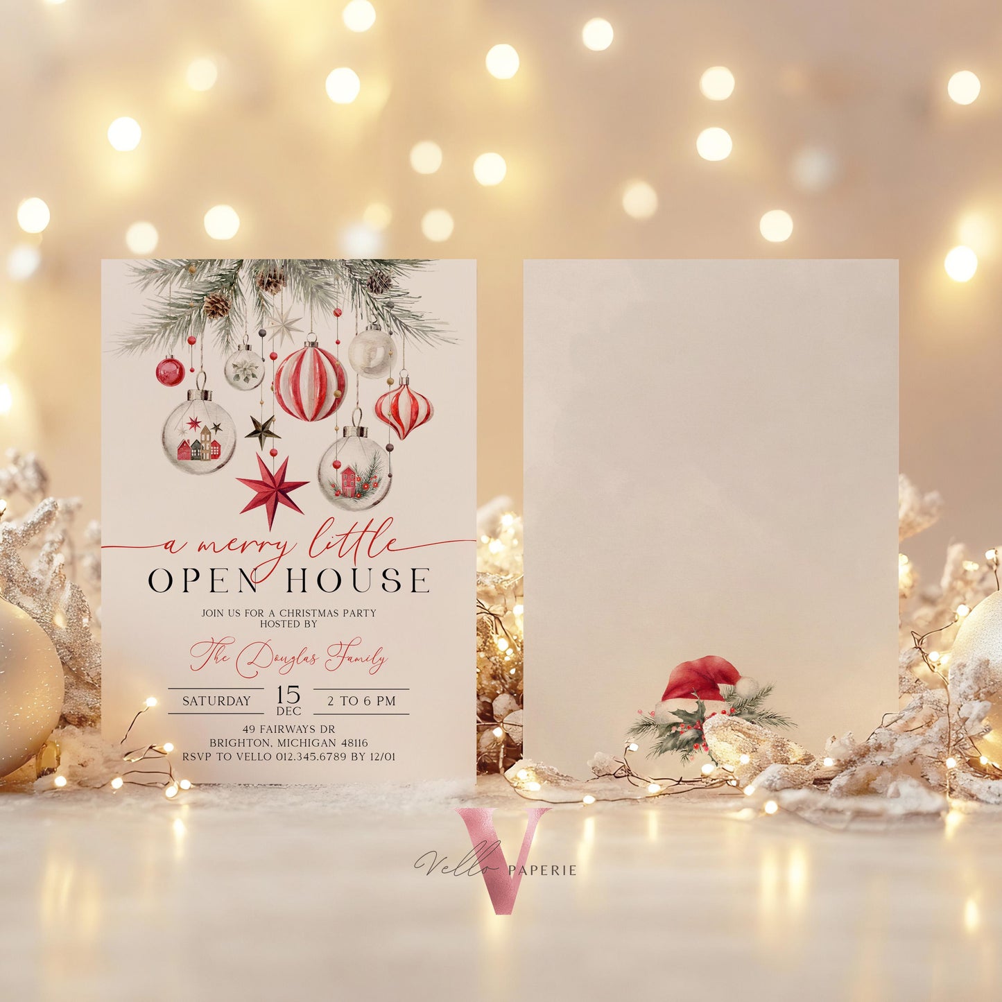 Merry Little Open House Invitation | Neutral Christmas Party Invite | Modern Red Silver Friendsmas Party Invite Christmas Decor CHP01
