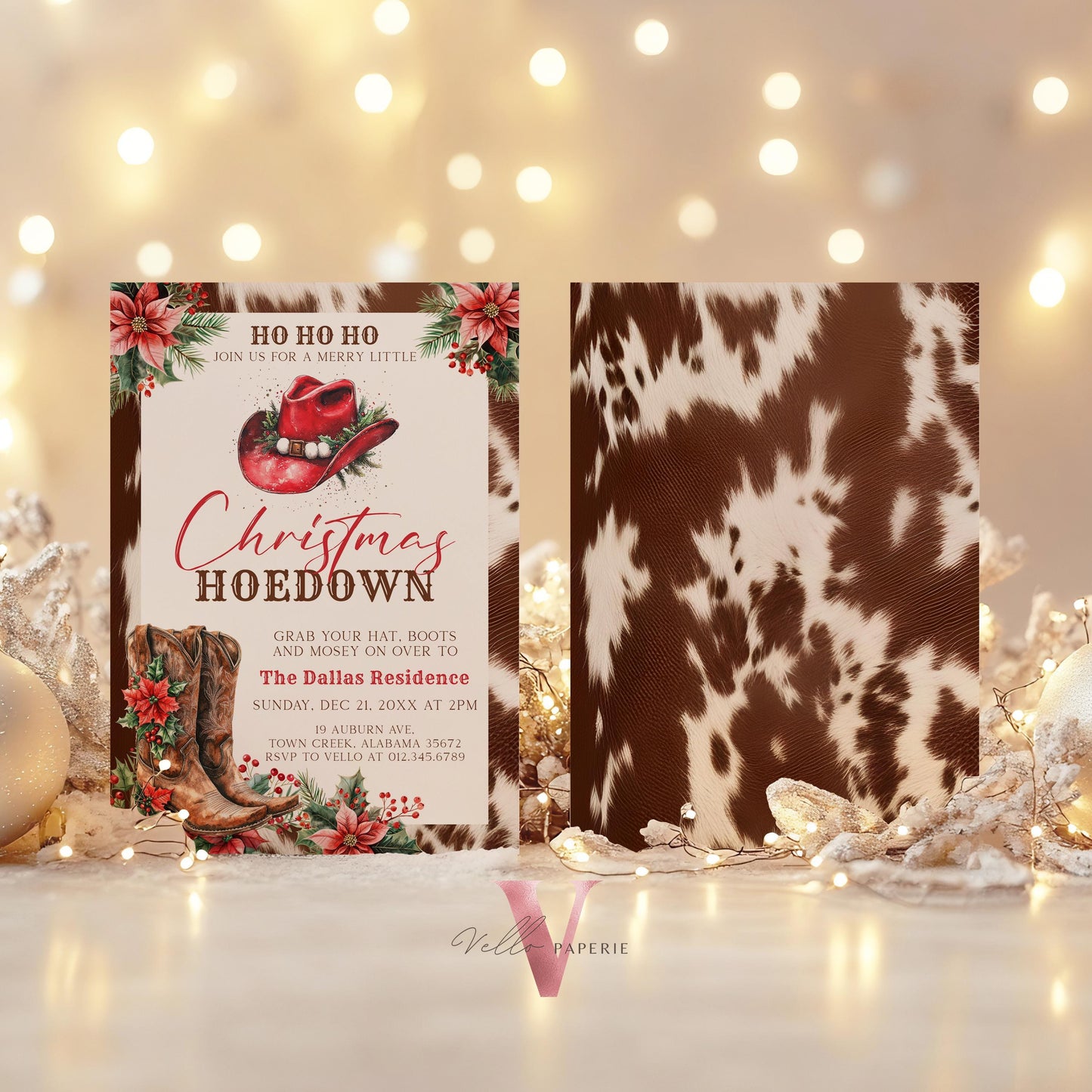 Editable Western Christmas Hoedown Party Invitation | Merry Little Open House Cowboy Holiday Party Invite | Rustic Boots Friendsmas WCH01