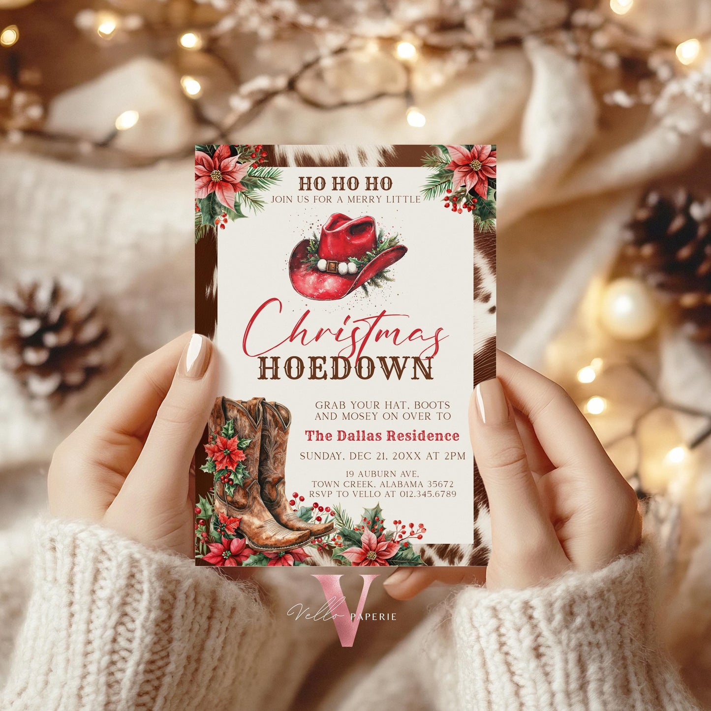 Editable Western Christmas Hoedown Party Invitation | Merry Little Open House Cowboy Holiday Party Invite | Rustic Boots Friendsmas WCH01