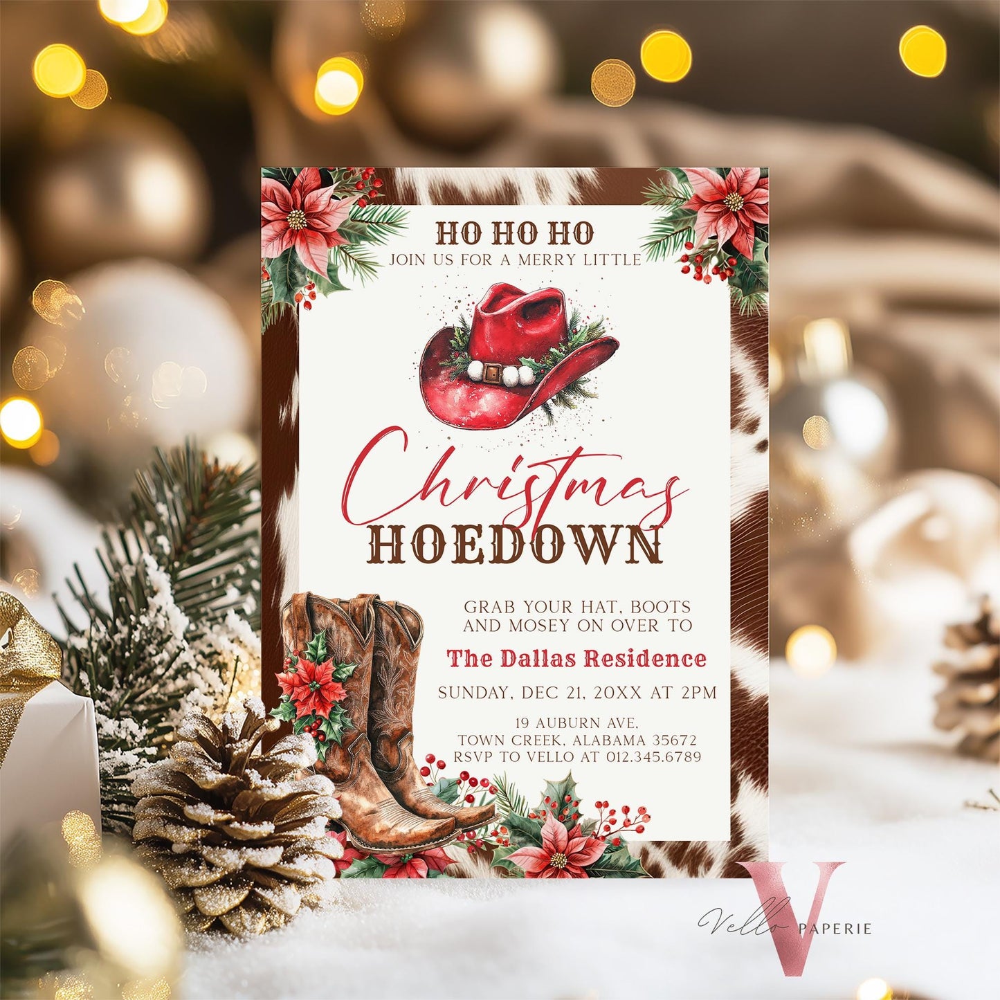 Editable Western Christmas Hoedown Party Invitation | Merry Little Open House Cowboy Holiday Party Invite | Rustic Boots Friendsmas WCH01