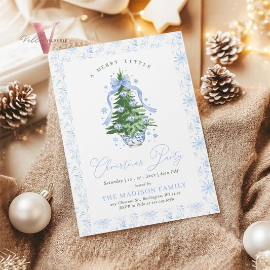 Editable Chinoiserie Christmas Party Invitation | Blue Christmas Tree Party Invite | Winter Ribbon Frame, Blue Toile de Juoy Christmas CHP01