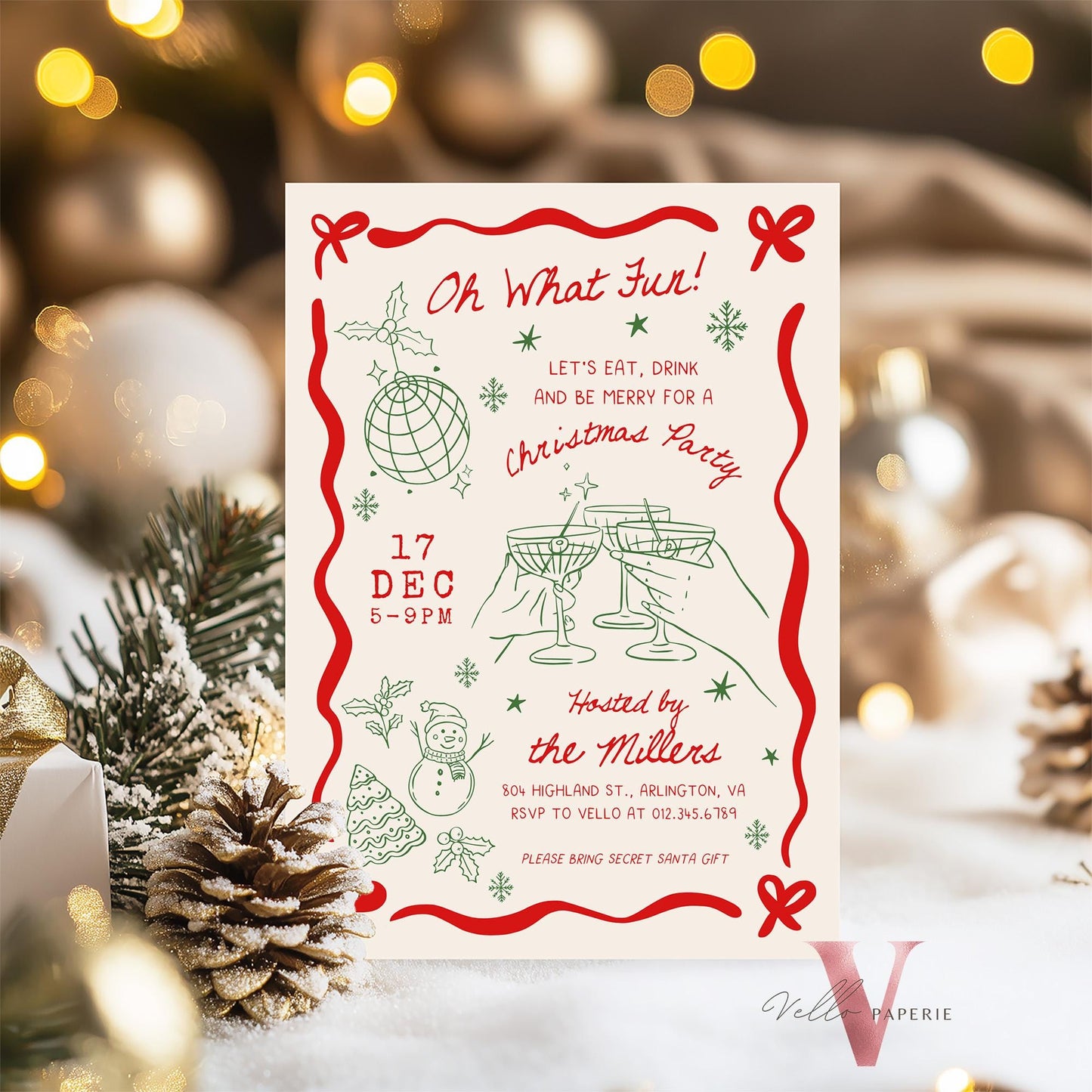 Full Editable Handdrawn Merry Little Christmas Party Invitation | Whimsical Friendsmas Party Invite | Red Green Holiday Cocktail Party WCP01