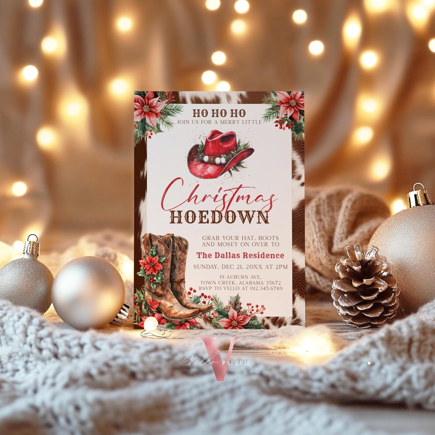 Editable Western Christmas Hoedown Party Invitation | Merry Little Open House Cowboy Holiday Party Invite | Rustic Boots Friendsmas WCH01