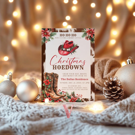 Editable Western Christmas Hoedown Party Invitation | Merry Little Open House Cowboy Holiday Party Invite | Rustic Boots Friendsmas WCH01
