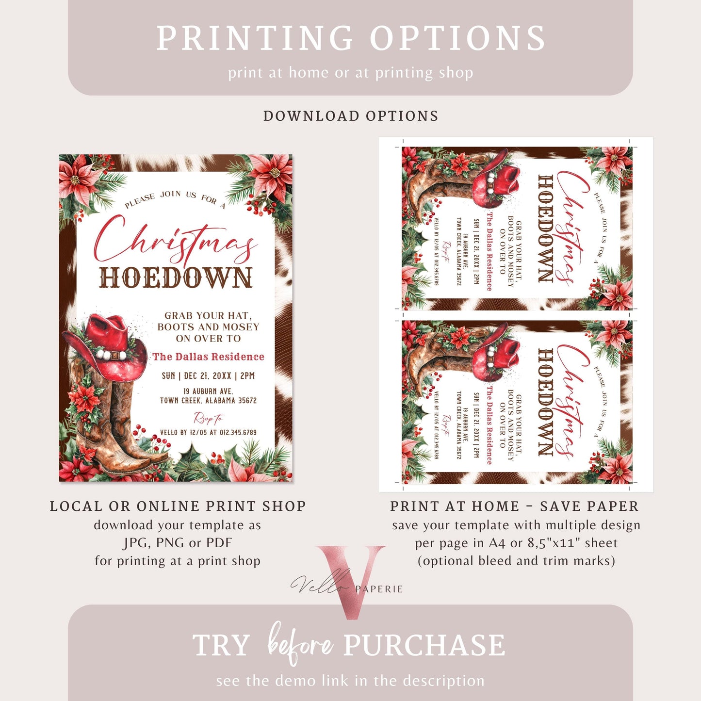 Editable Western Christmas Hoedown Party Invitation | Merry Little Open House Cowboy Holiday Party Invite | Rustic Boots Friendsmas WCH01