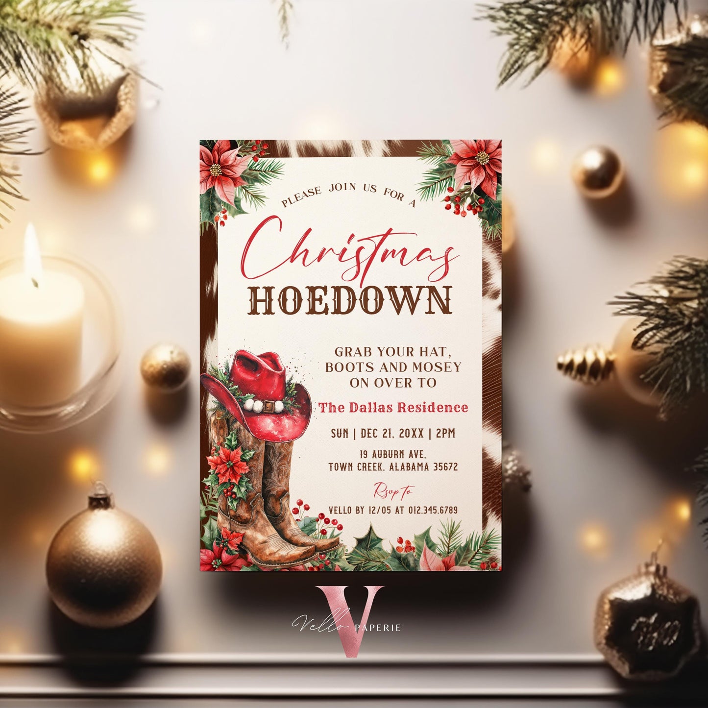 Editable Western Christmas Hoedown Party Invitation | Merry Little Open House Cowboy Holiday Party Invite | Rustic Boots Friendsmas WCH01