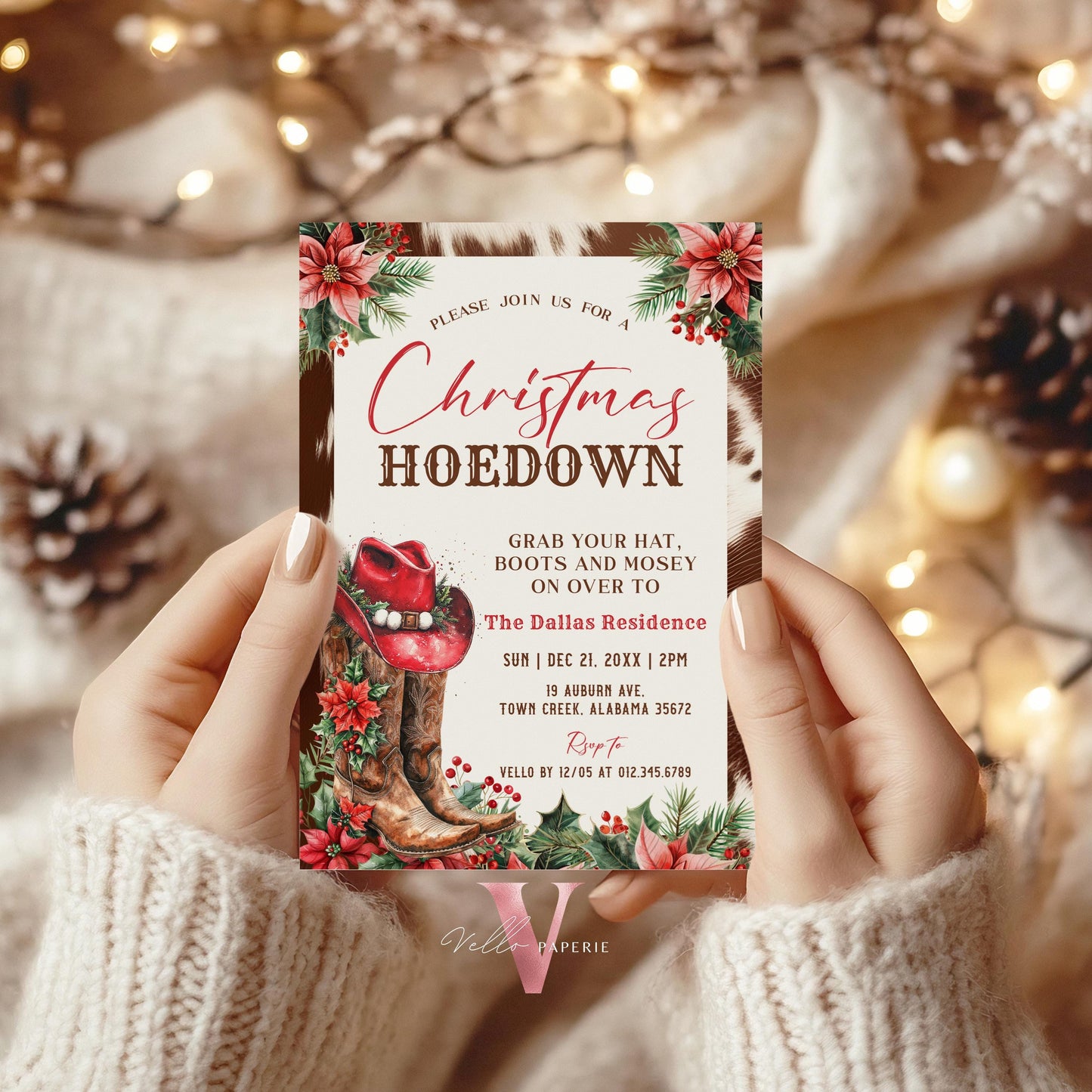 Editable Western Christmas Hoedown Party Invitation | Merry Little Open House Cowboy Holiday Party Invite | Rustic Boots Friendsmas WCH01