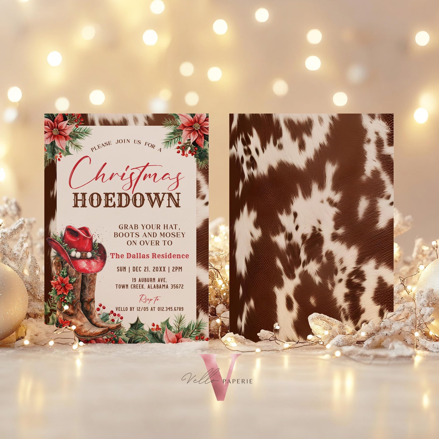 Editable Western Christmas Hoedown Party Invitation | Merry Little Open House Cowboy Holiday Party Invite | Rustic Boots Friendsmas WCH01
