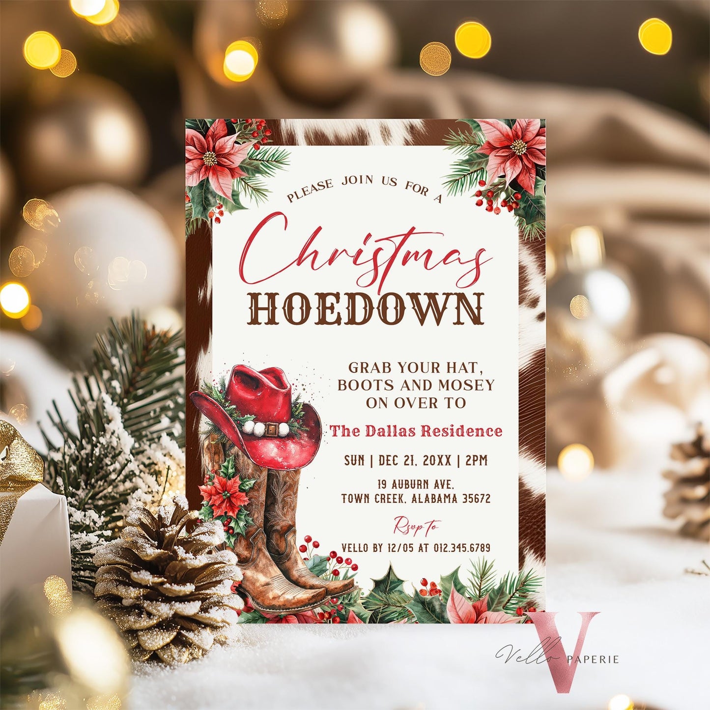 Editable Western Christmas Hoedown Party Invitation | Merry Little Open House Cowboy Holiday Party Invite | Rustic Boots Friendsmas WCH01