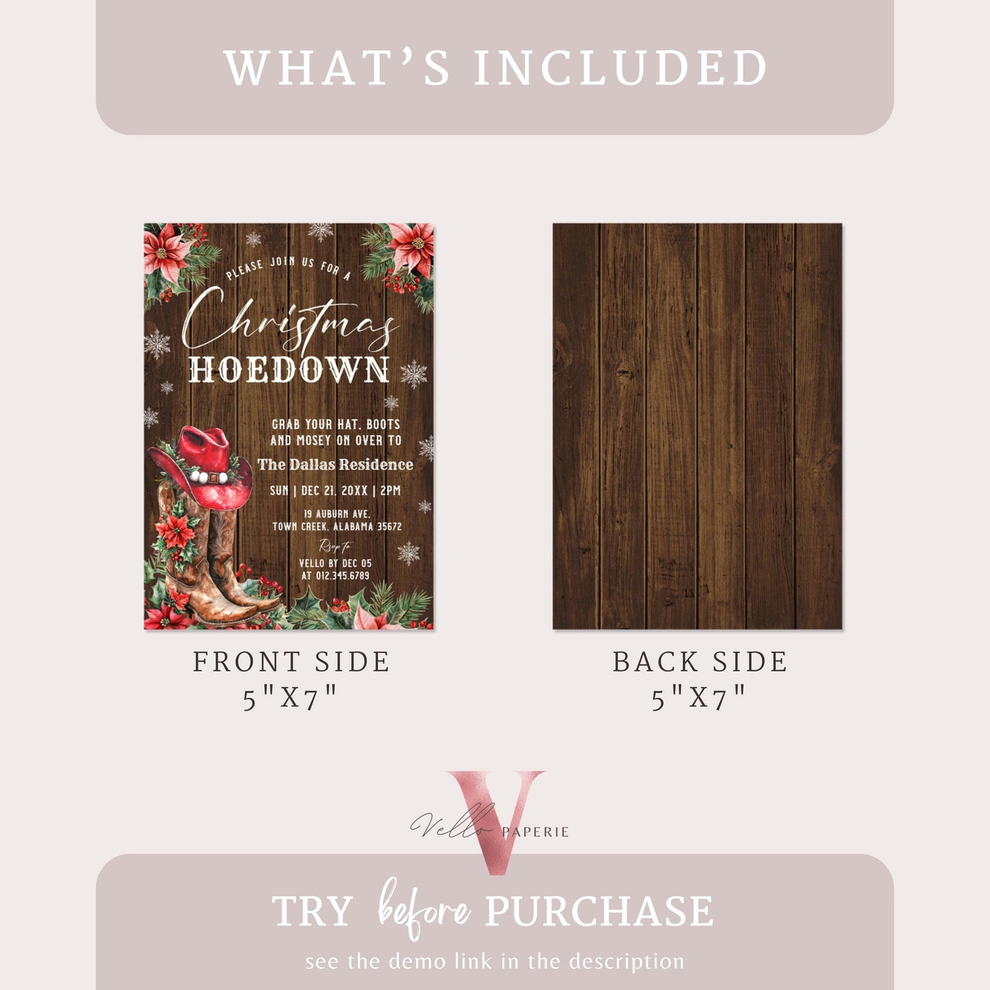 Editable Western Christmas Hoedown Party Invitation | Merry Little Open House Cowboy Holiday Party Invite | Rustic Boots Friendsmas WCH01