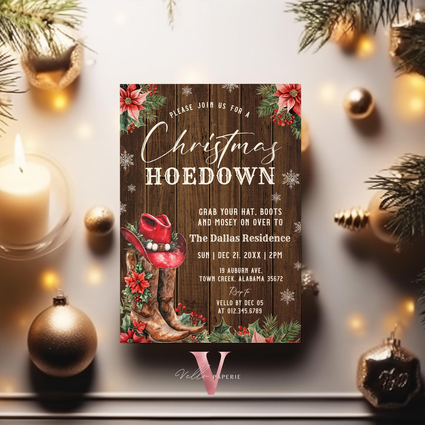 Editable Western Christmas Hoedown Party Invitation | Merry Little Open House Cowboy Holiday Party Invite | Rustic Boots Friendsmas WCH01