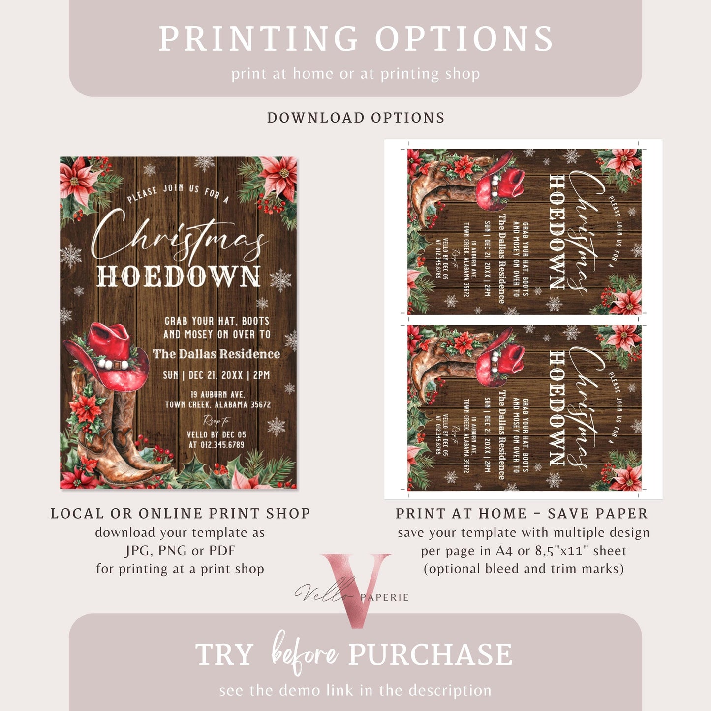 Editable Western Christmas Hoedown Party Invitation | Merry Little Open House Cowboy Holiday Party Invite | Rustic Boots Friendsmas WCH01