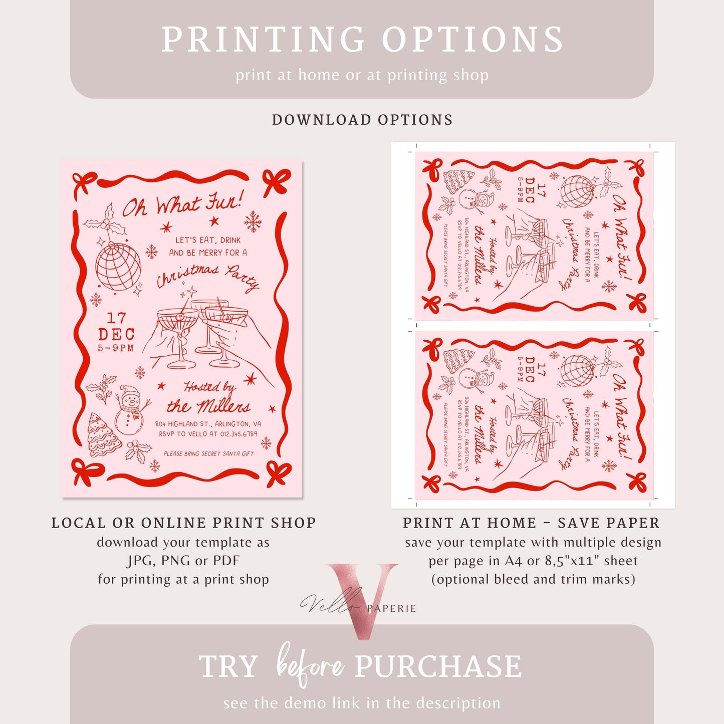 Full Editable Handdrawn Merry Little Christmas Party Invitation | Whimsical Friendsmas Party Invite | Red Green Holiday Cocktail Party WCP01