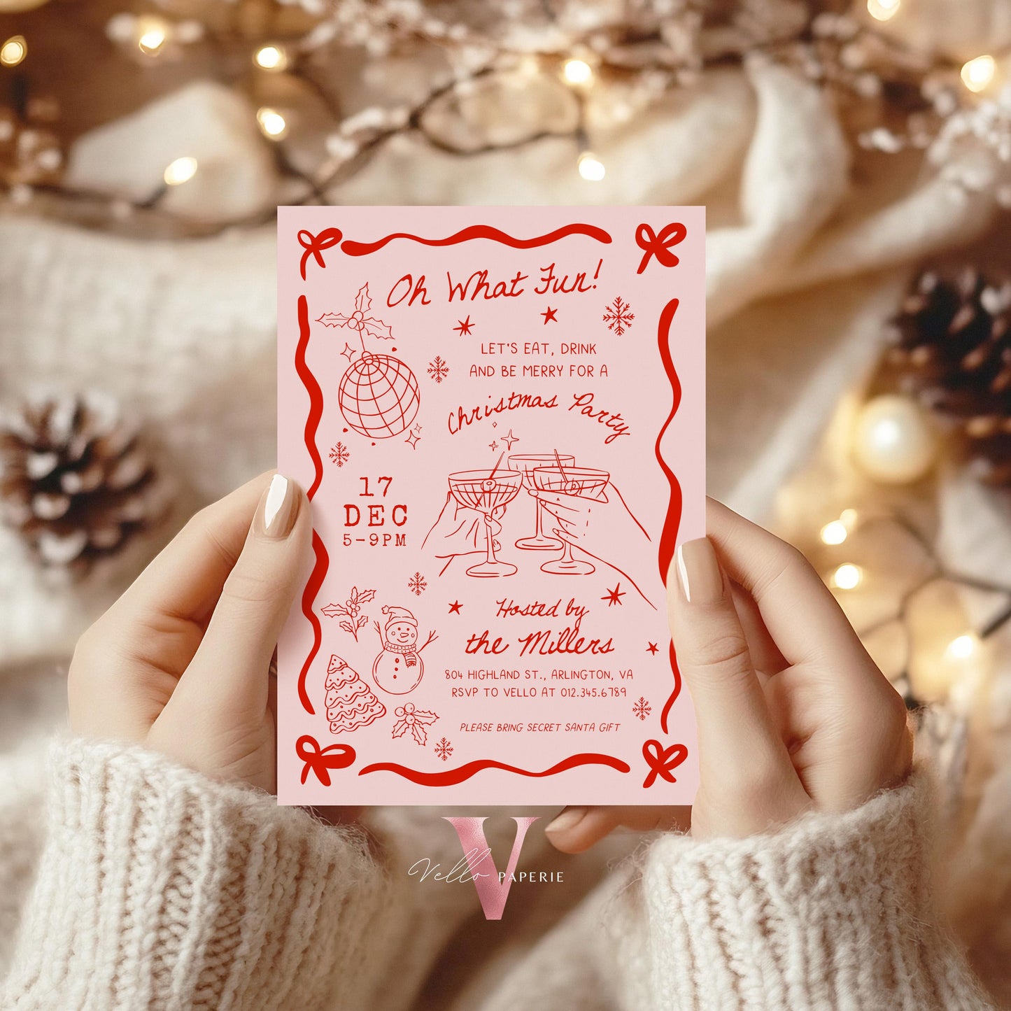 Full Editable Handdrawn Merry Little Christmas Party Invitation | Whimsical Friendsmas Party Invite | Red Green Holiday Cocktail Party WCP01