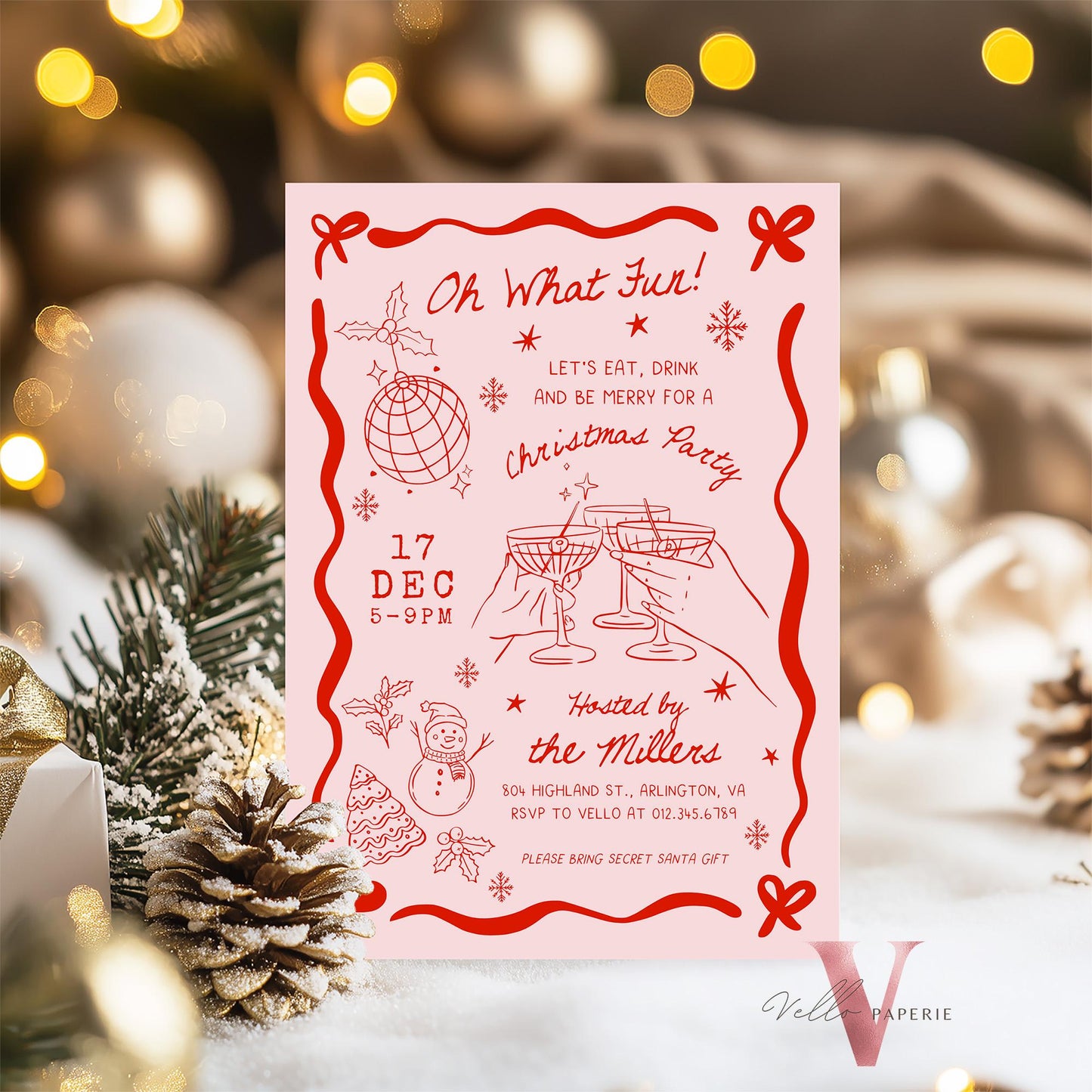 Full Editable Handdrawn Merry Little Christmas Party Invitation | Whimsical Friendsmas Party Invite | Red Green Holiday Cocktail Party WCP01