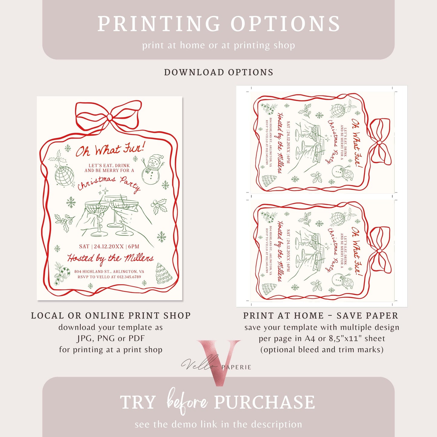 Full Editable Handdrawn Merry Little Christmas Party Invitation | Whimsical Friendsmas Party Invite | Red Green Holiday Cocktail Party WCP01