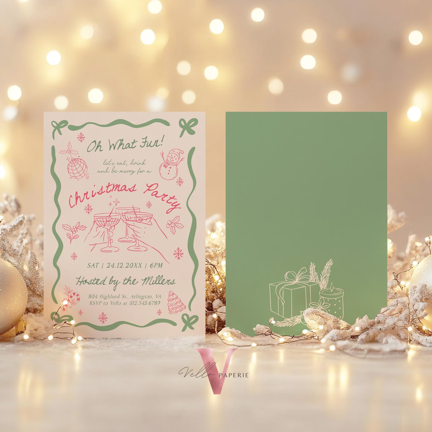 Full Editable Handdrawn Merry Christmas Party Invitation | Whimsical Friendsmas Party Invite | Pink Green Holiday Cocktail Party WCP01