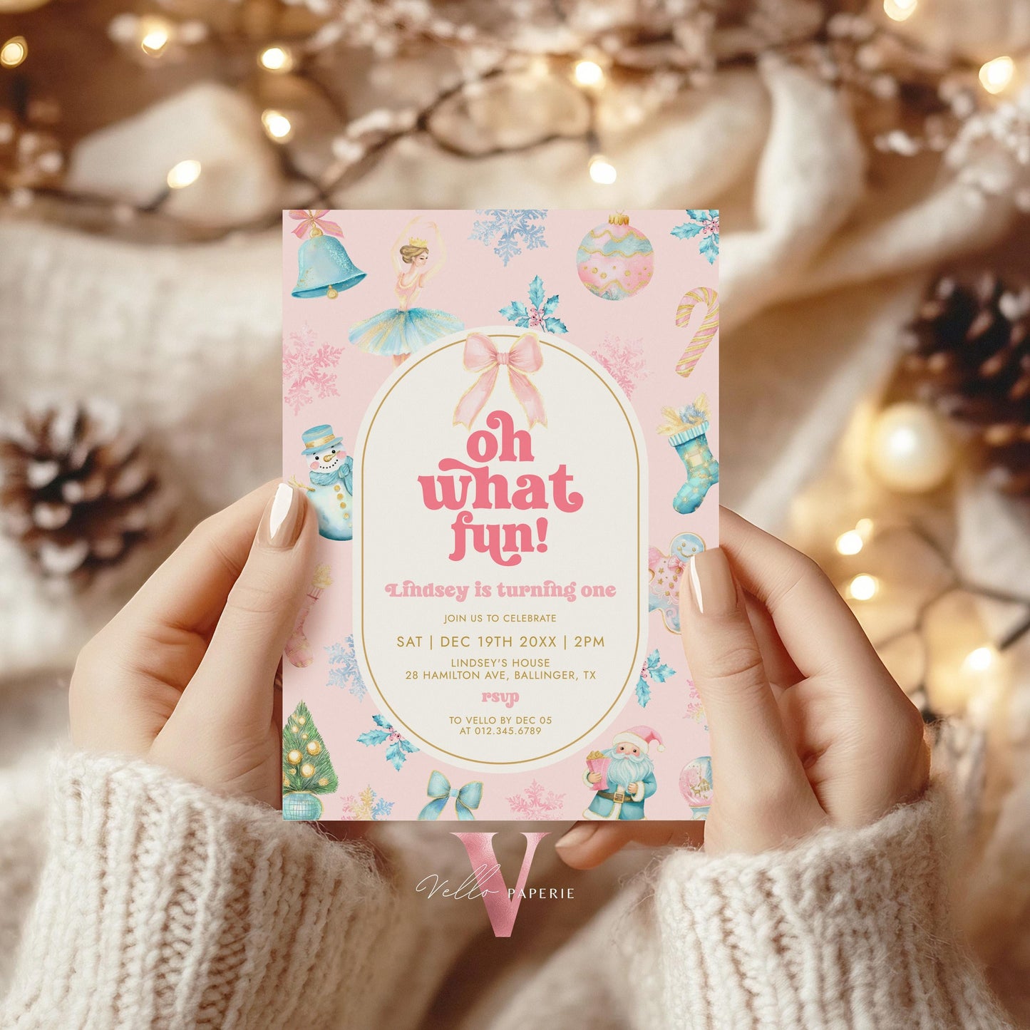 Editable Oh What Fun Christmas Birthday Party Invitation | Pink Blue Winter Wonderland Invite | Any Age Birthday Party Santa Christmas Decor
