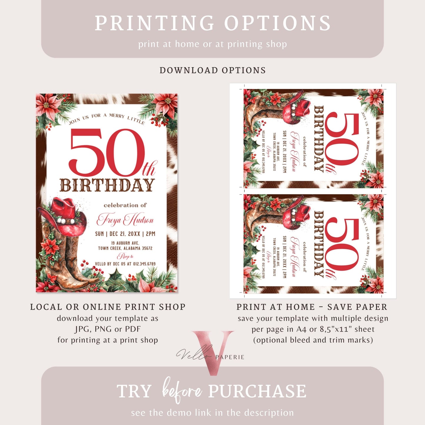 Editable "AGE" Western Christmas Birthday Party Invitation | Merry Little Cowboy Holiday Birthday Party Invite | Rustic Boots Country WCH01