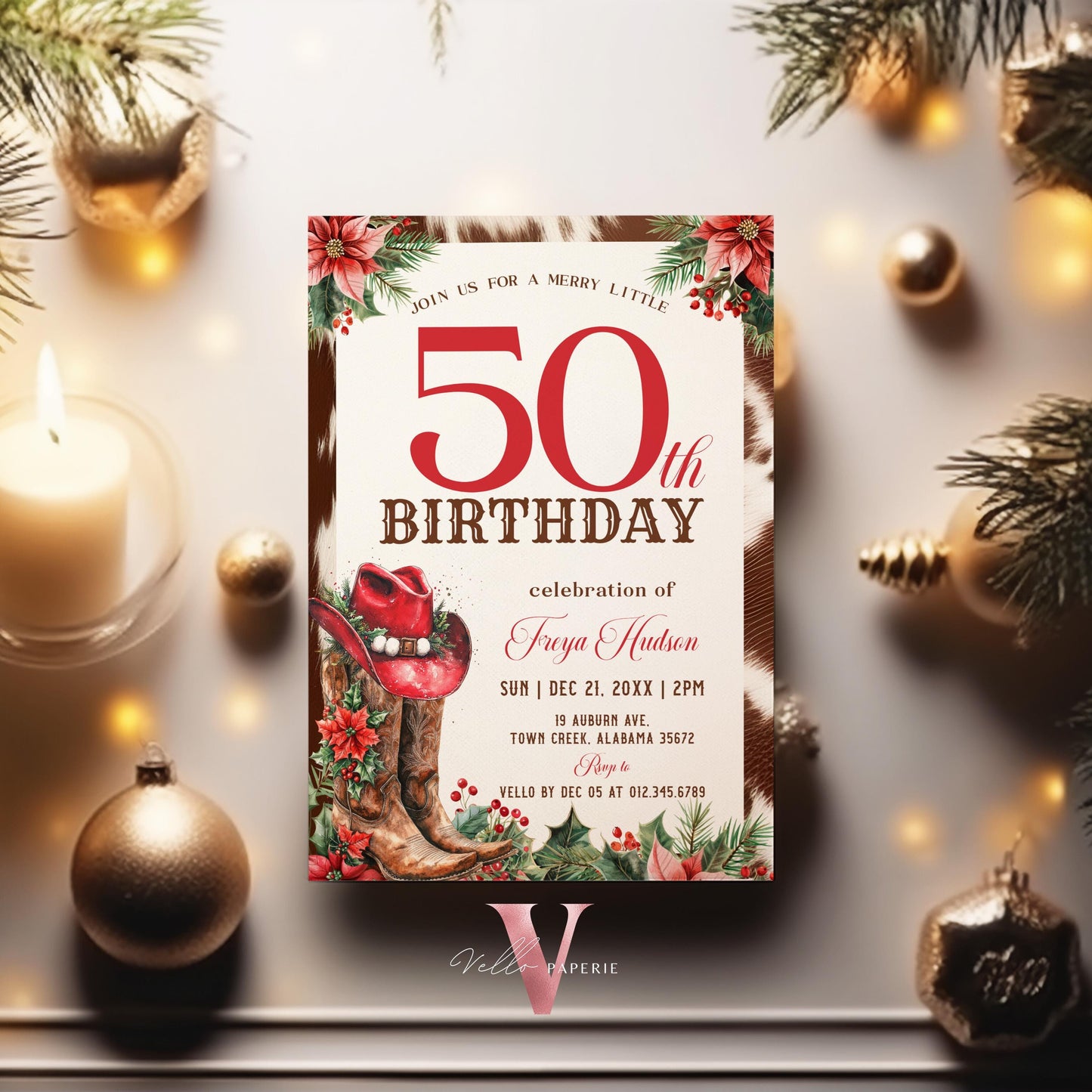 Editable "AGE" Western Christmas Birthday Party Invitation | Merry Little Cowboy Holiday Birthday Party Invite | Rustic Boots Country WCH01