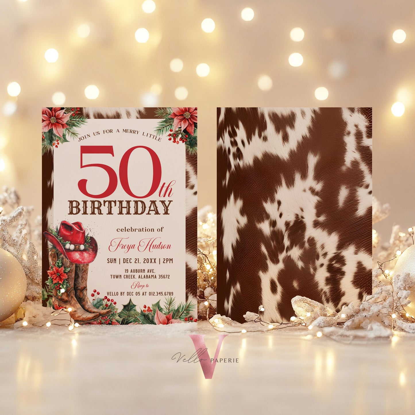 Editable "AGE" Western Christmas Birthday Party Invitation | Merry Little Cowboy Holiday Birthday Party Invite | Rustic Boots Country WCH01