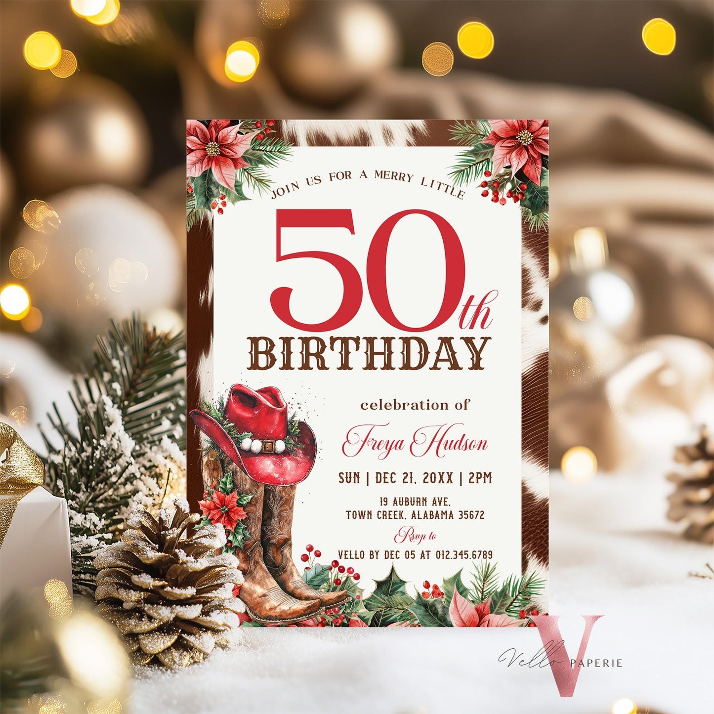 Editable "AGE" Western Christmas Birthday Party Invitation | Merry Little Cowboy Holiday Birthday Party Invite | Rustic Boots Country WCH01