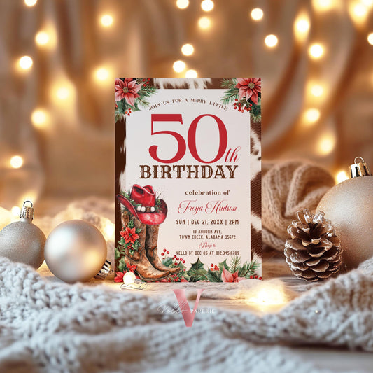 Editable "AGE" Western Christmas Birthday Party Invitation | Merry Little Cowboy Holiday Birthday Party Invite | Rustic Boots Country WCH01