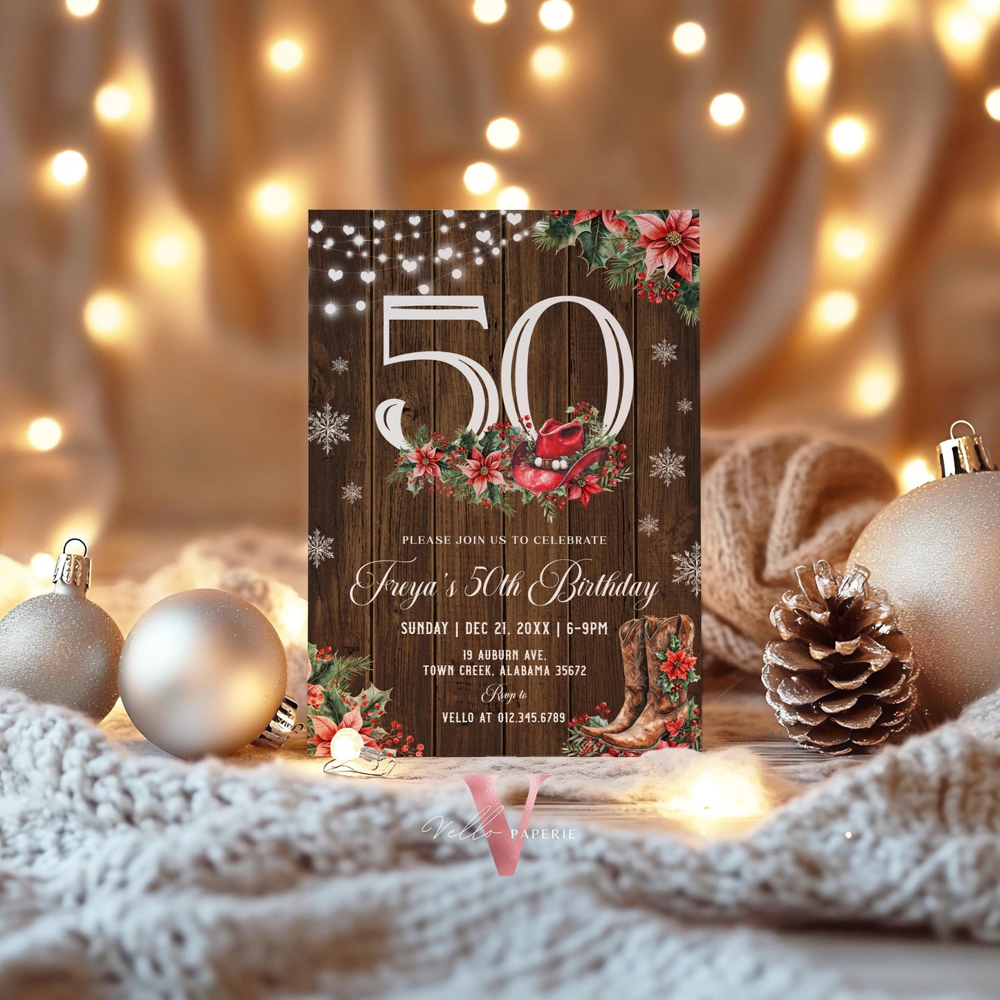 Editable "AGE" Western Christmas Birthday Party Invitation | Merry Little Cowboy Holiday Birthday Party Invite | Rustic Boots Country WCH01