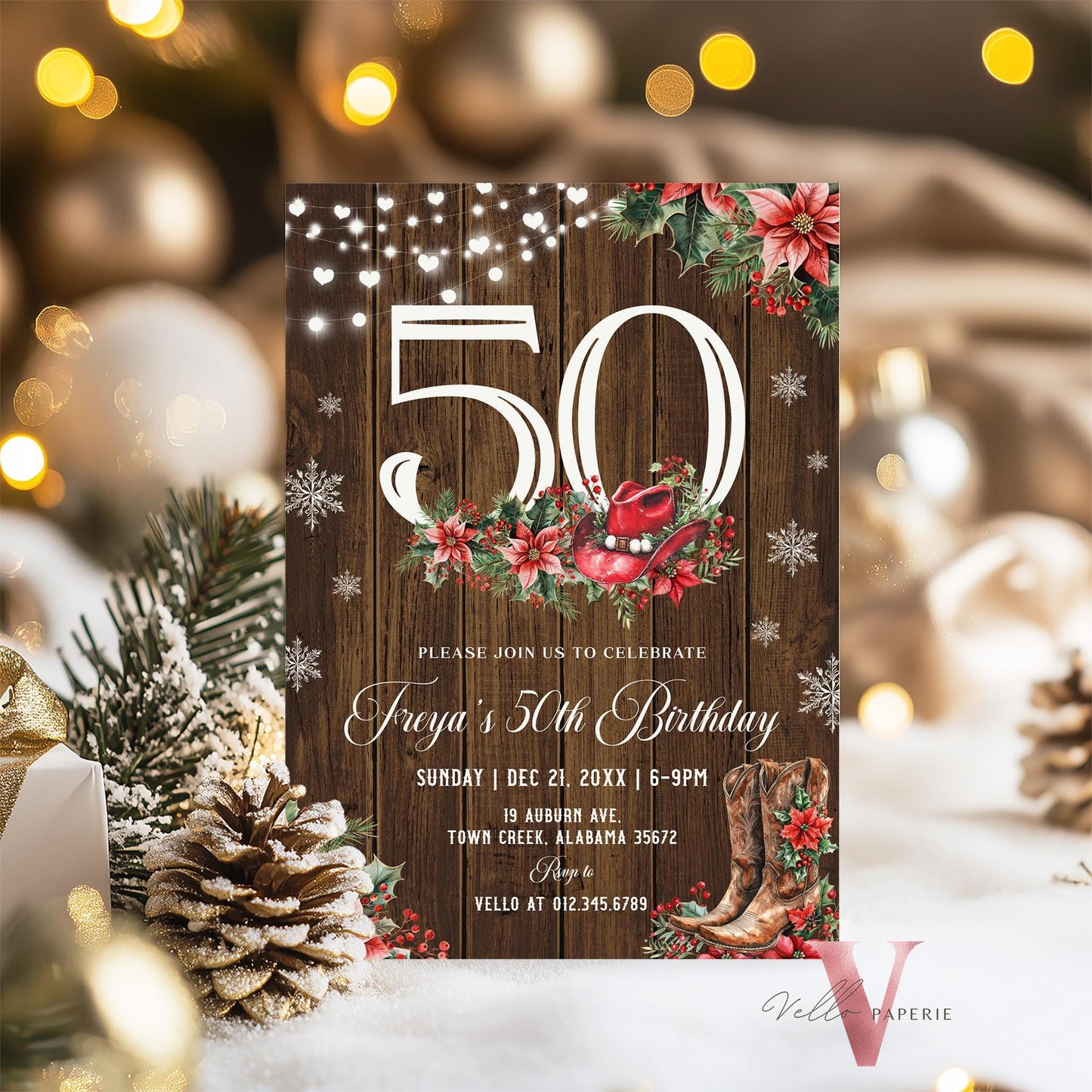 Editable "AGE" Western Christmas Birthday Party Invitation | Merry Little Cowboy Holiday Birthday Party Invite | Rustic Boots Country WCH01