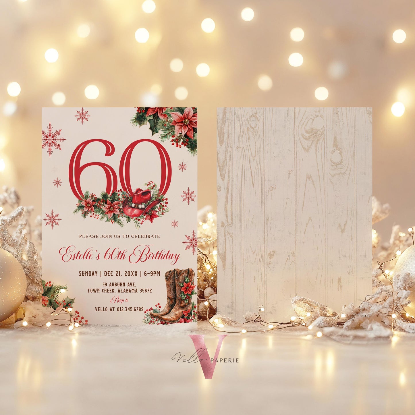 Editable "AGE" Western Christmas Birthday Party Invitation | Merry Little Cowboy Holiday Birthday Party Invite | Rustic Boots Country WCH01