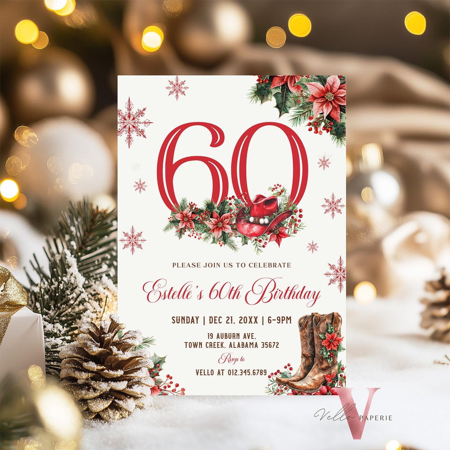 Editable "AGE" Western Christmas Birthday Party Invitation | Merry Little Cowboy Holiday Birthday Party Invite | Rustic Boots Country WCH01