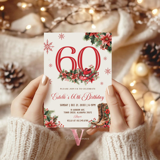 Editable "AGE" Western Christmas Birthday Party Invitation | Merry Little Cowboy Holiday Birthday Party Invite | Rustic Boots Country WCH01