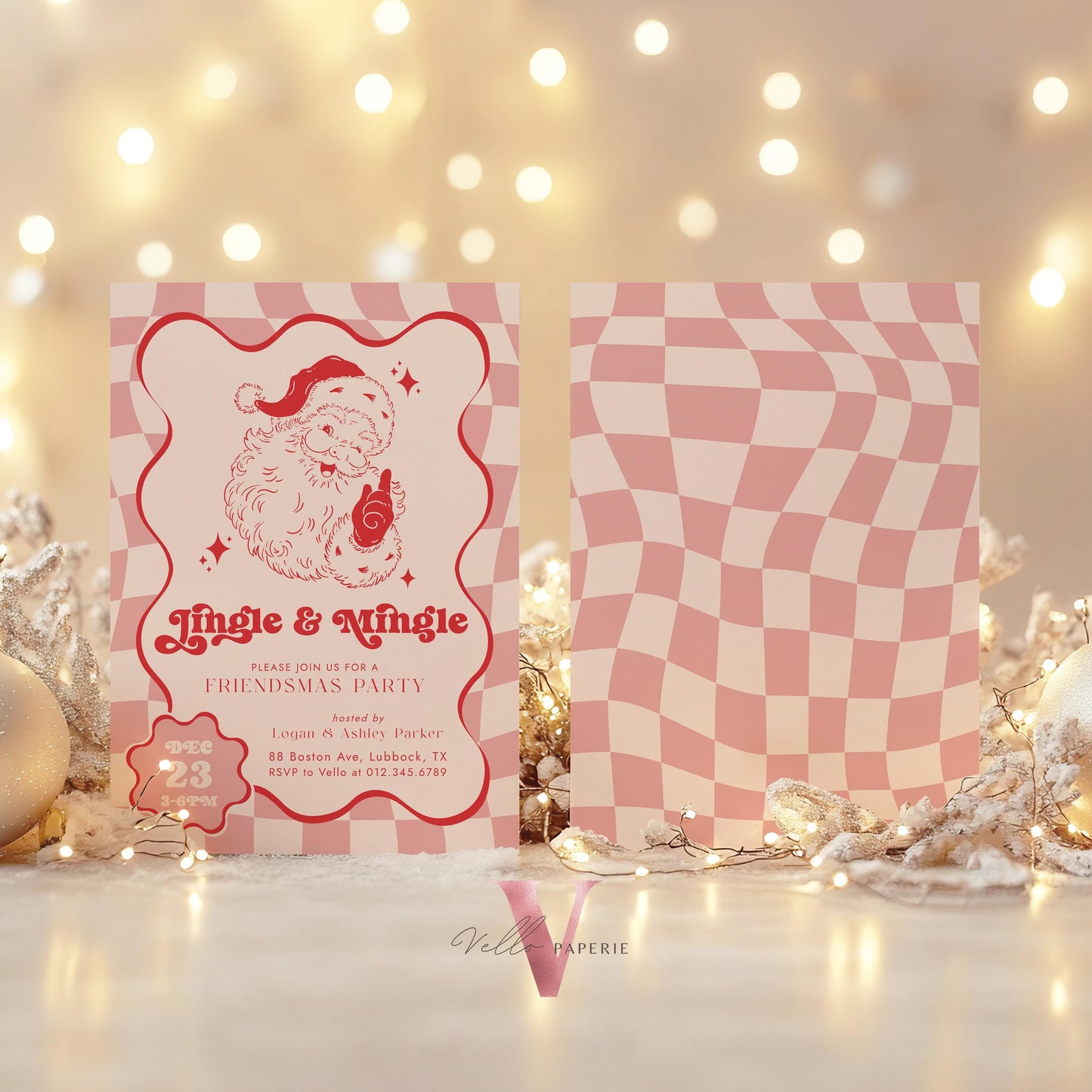 Editable Color Retro Jigle Mingle Christmas Party Invitation | Groovy Santa Invite | Modern Fun Winter Holiday Friendsmas Party Invite CHP01