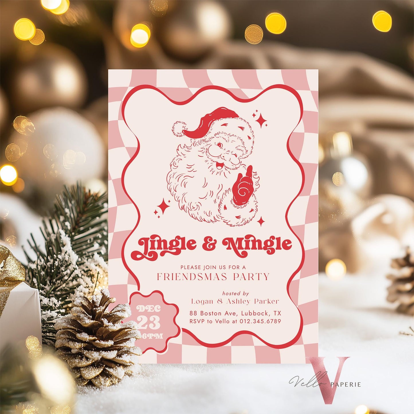 Editable Color Retro Jigle Mingle Christmas Party Invitation | Groovy Santa Invite | Modern Fun Winter Holiday Friendsmas Party Invite CHP01