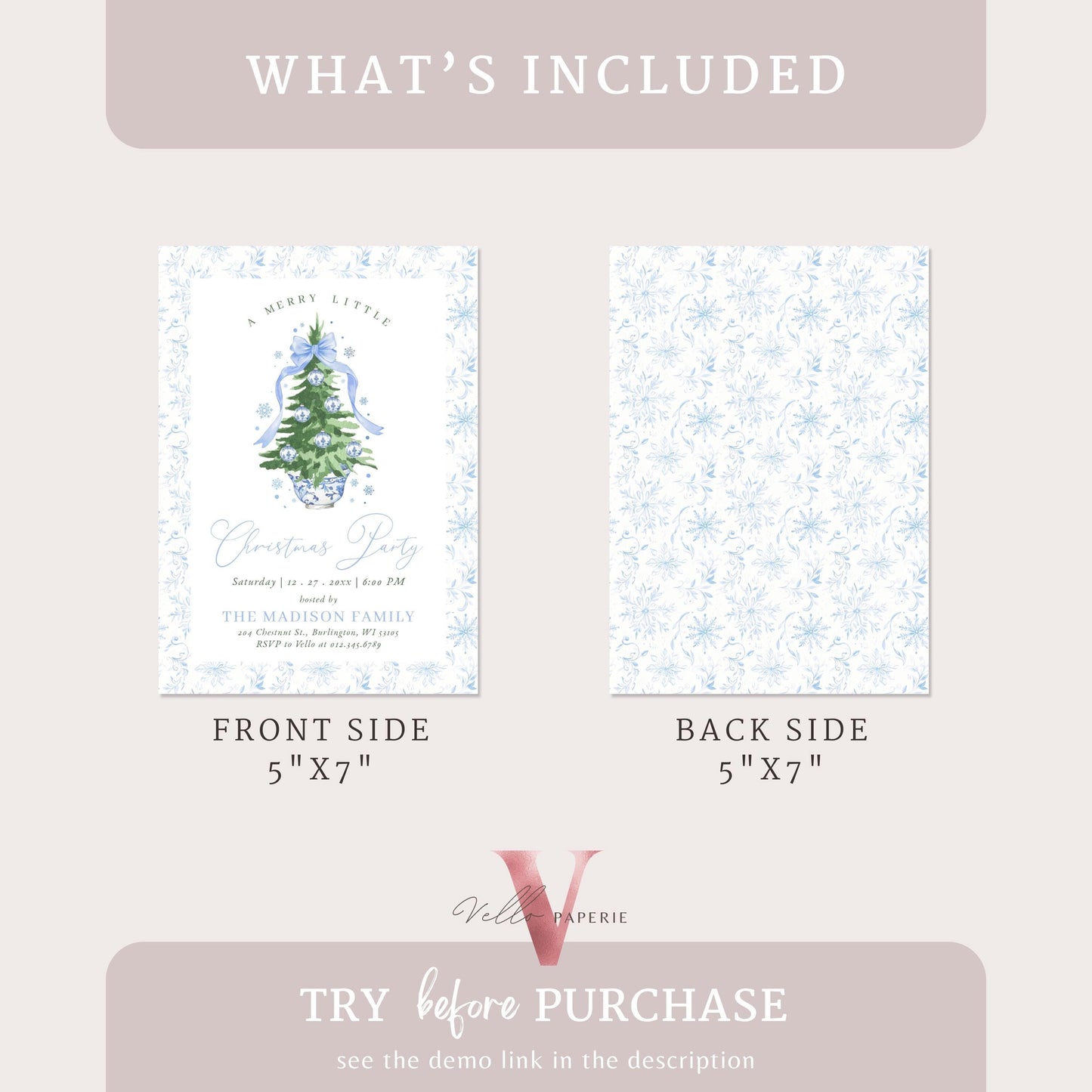 Editable Chinoiserie Christmas Party Invitation | Blue Christmas Tree Party Invite | Winter Ribbon Frame, Blue Toile de Juoy Christmas CHP01