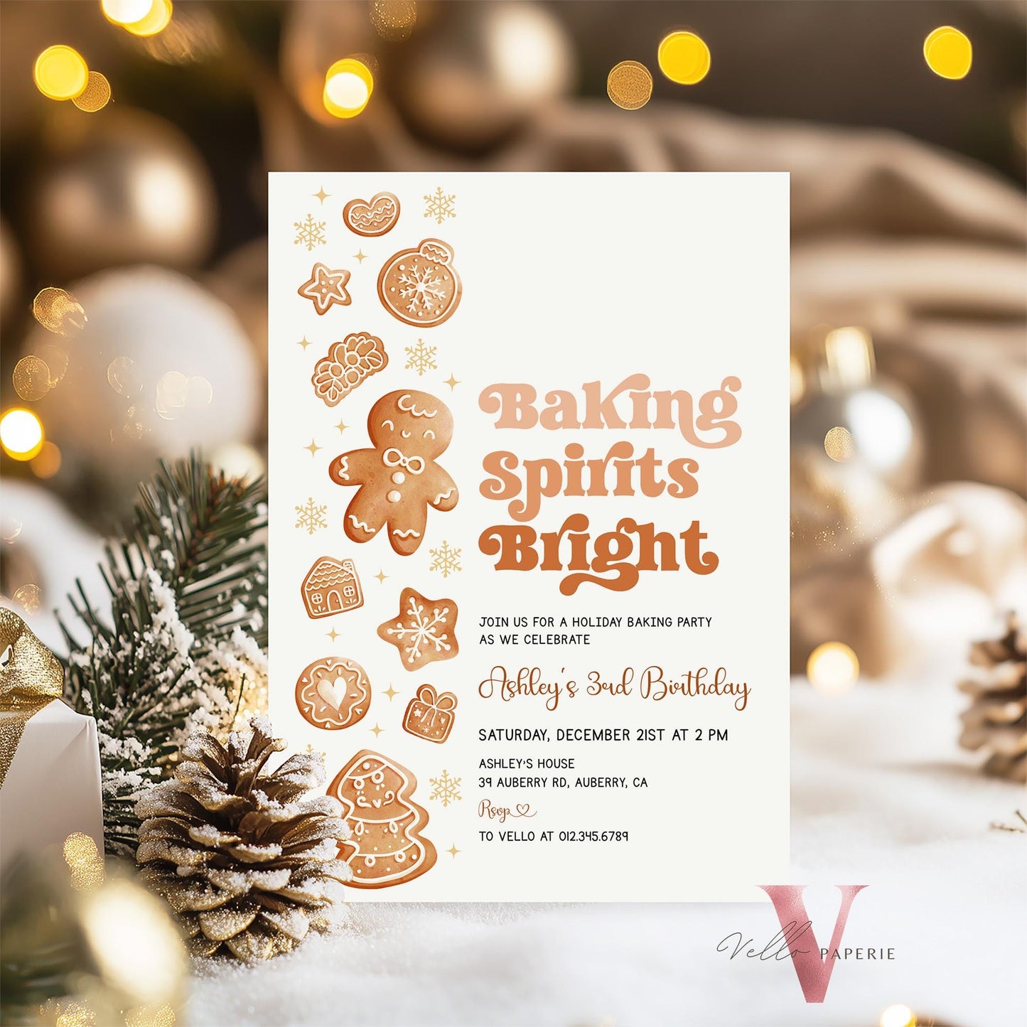 Editable Baking Spirits Bright Birthday Party Invite | Fun Holiday Baking Party Invitation | Modern Neutral Cookie Christmas Birthday Party