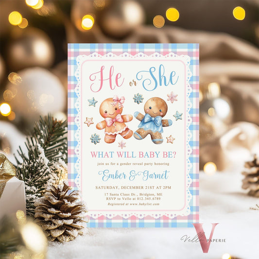 He or She Gingerbread Baby Shower Invitation | Winter Gender Reveal Baby Coming Invite | Pink Blue Gingerbread Christmas Cookie  CWBS01