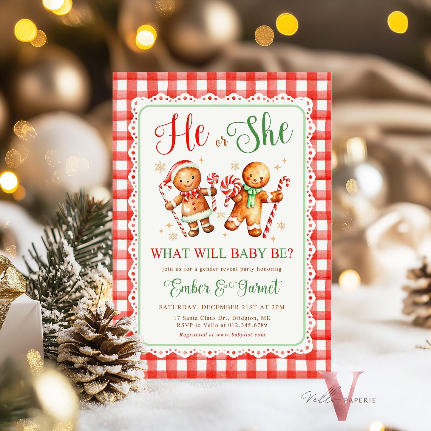 He or She Gingerbread Baby Shower Invitation | Winter Gender Reveal Cookie Baby Invite | Red Green Gingerbread Christmas Gingham CWBS01