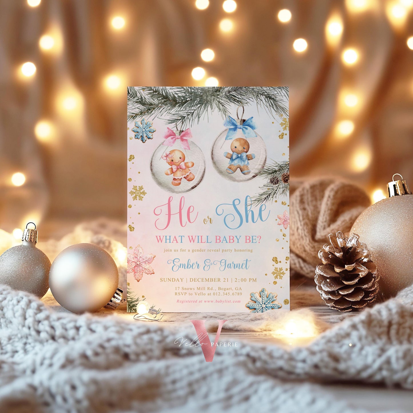 He or She Gingerbread Baby Shower Invitation | Winter Gender Reveal Cookie Baby Invite | Pink Blue Gold Gingerbread Christmas Bauble CWBS01