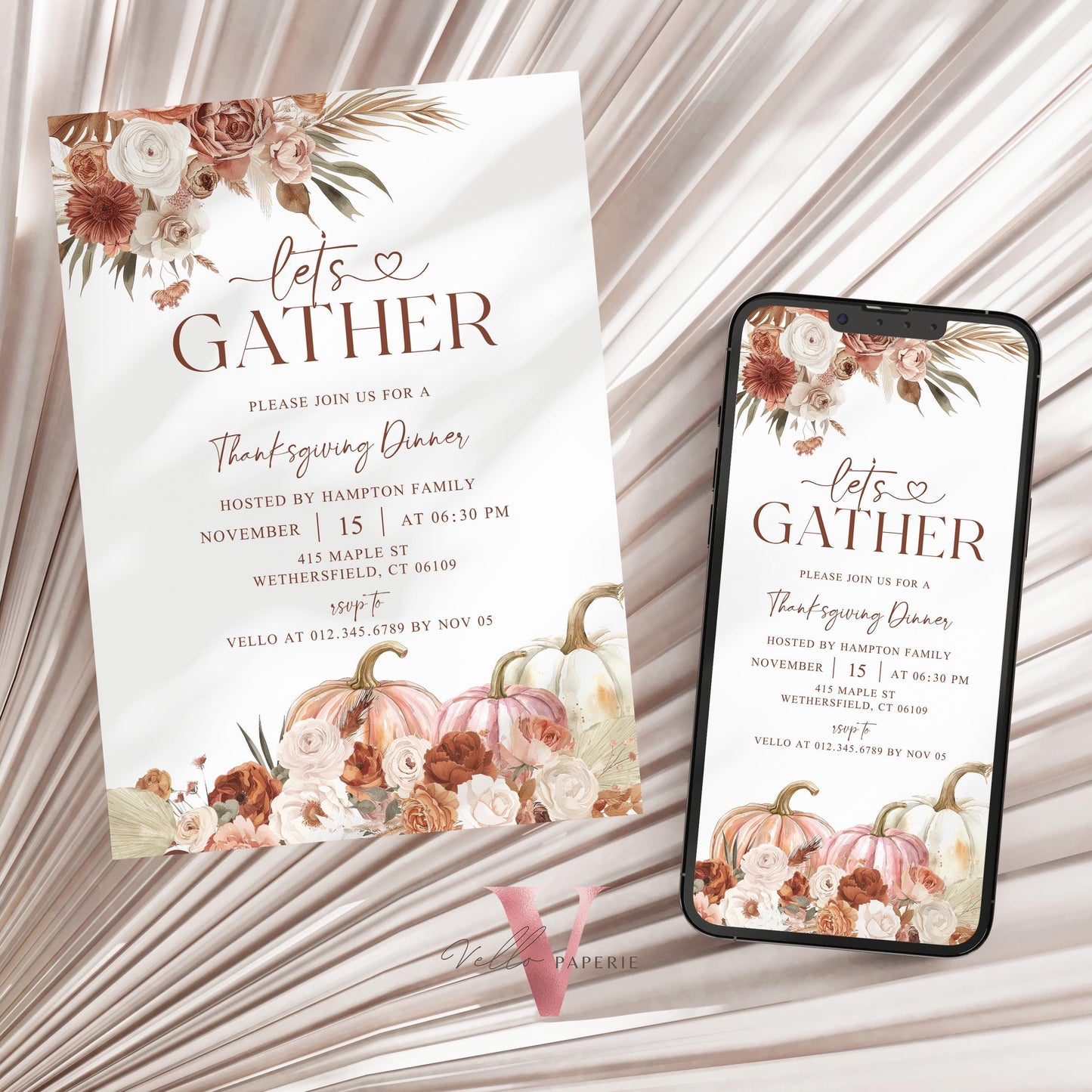 Free EVITE Autumn Thanksgiving DINNER Invitation | FALL Lets Gather Together Friendsgiving Invite | Potluck Modern or Rustic Pumpkin Casual