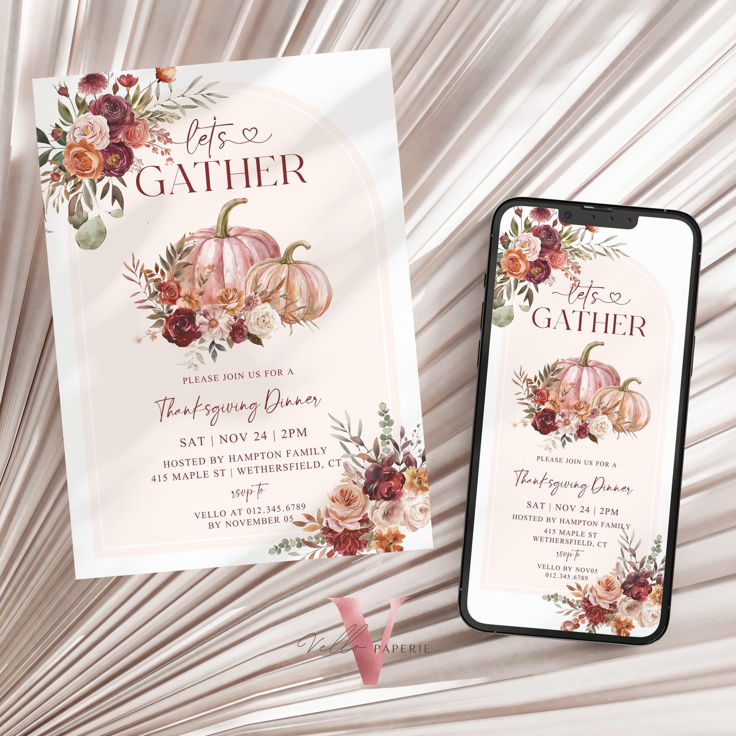 Free EVITE Autumn Thanksgiving DINNER Invitation | FALL Lets Gather Together Friendsgiving Invite | Potluck Modern or Rustic Pumpkin Casual