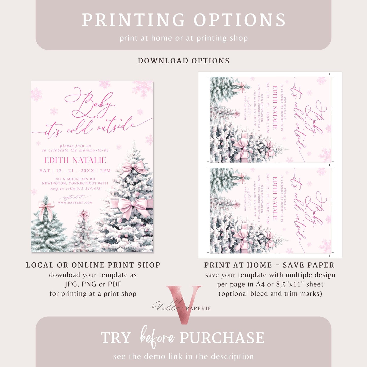 BUNDLE Cute Pink Baby It's Cold Outside Shower Invitation | Winter Snowflakes Baby Invite | Modern Pink Christmas Tree Baby Shower WBS01