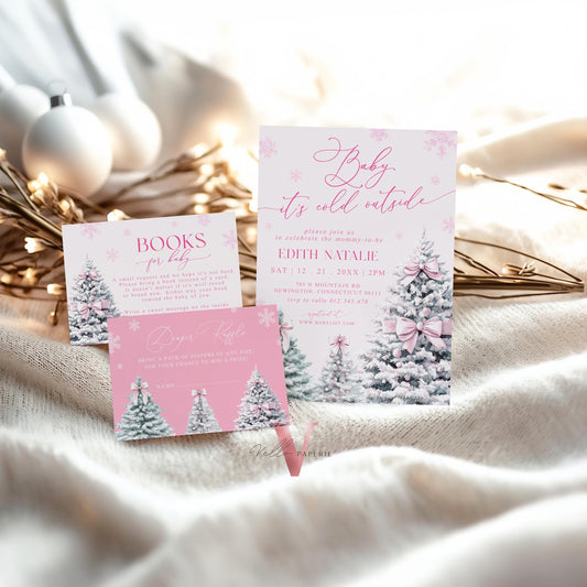 BUNDLE Cute Pink Baby It's Cold Outside Shower Invitation | Winter Snowflakes Baby Invite | Modern Pink Christmas Tree Baby Shower WBS01