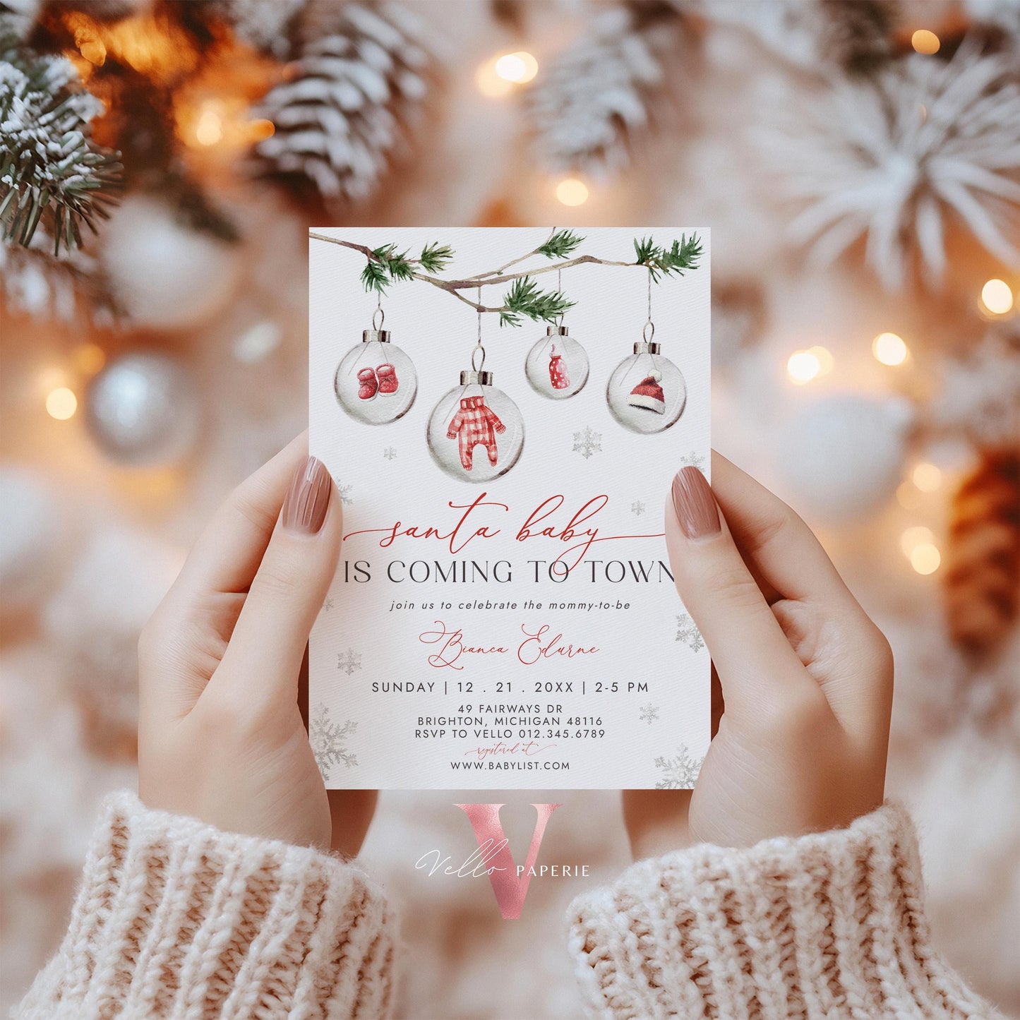 BUNDLE Little Santa is Coming to Town Baby Shower Invitation | Winter Gender Neutral Baby Invite | Modern Red Silver Christmas Glass CWBS01
